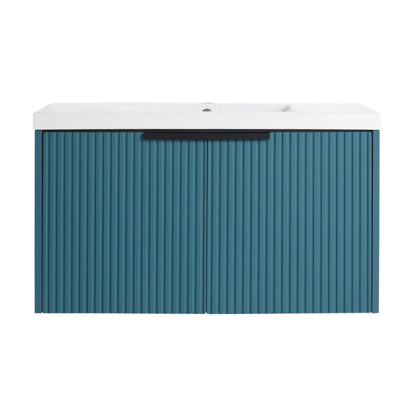 English Elm 36" Floating Bathroom Vanity with Resin Sink, Wavy Doors, Soft-Close Hinges & Durable Plywood Finish Lake Blue W999P251809