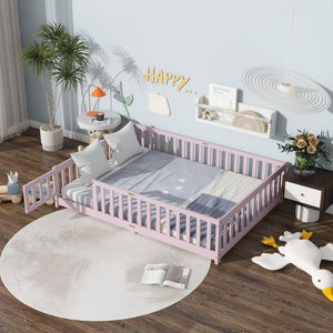 English Elm Full Size Rubberwood Floor Bed with Safety Guardrails and Latching Door for Toddlers Pink W504P429304