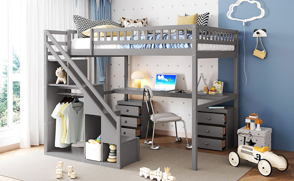 English Elm Full Size Loft Bed with Desk Drawers Led Strip and Staircase for Teen Rooms Gray LT000258AAE-1