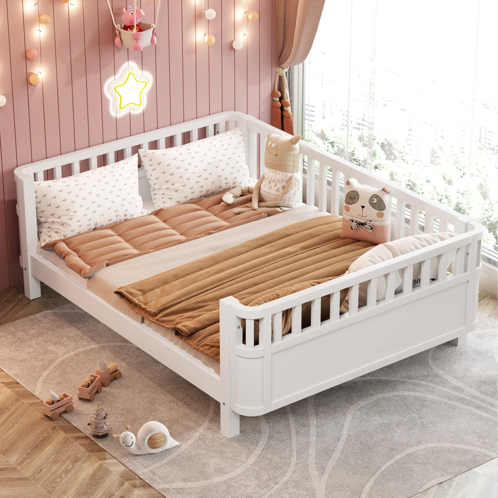 English Elm Twin Low Profile Pine Wood Kids Bed with Safety Rails and Fence Style Headboard W2593P367052