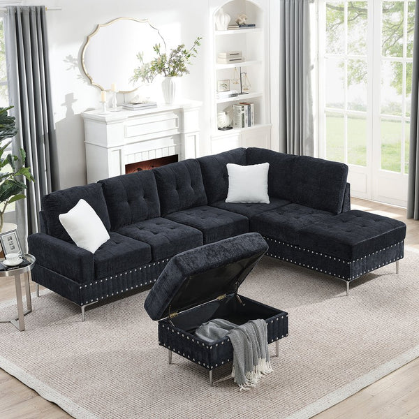 English Elm Sectional L-Shaped Chenille Sofa with Chaise Storage Ottoman, Metal Eucalyptus Frame, 4-Seater Spacious Navy Blue W1413S00118