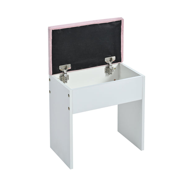 English Elm Vanity Desk with Hollywood Bulbs Glass Top Pink Glam Drawers and Cushioned Stool N704P340246K
