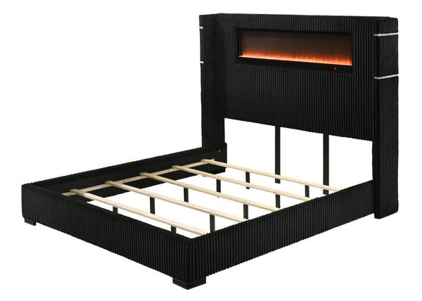 English Elm Garner Corduroy Upholstered Queen Bed with Fireplace Led Lighting and Bluetooth Speaker B2756S00002