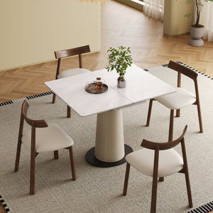 English Elm Retractable Rock Slab Dining Set with Leather Wrapped Base for Compact Apartments W2700S00103