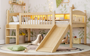 English Elm Twin Xl Solid Pine Loft Bed with Built-in Led Lighting and Storage Shelves Natural W1580S00366