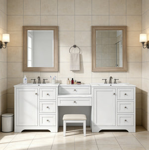 English Elm 84" Double Sink Vanity with Stone Countertop Six Soft Close Drawers and Silver Knobs White N817P404196W