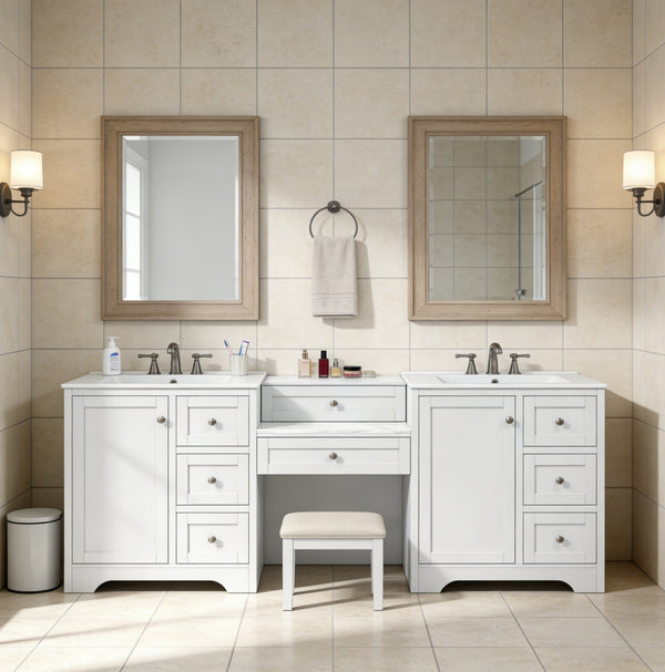 English Elm 84" Double Sink Vanity with Stone Countertop Six Soft Close Drawers and Silver Knobs White N817P404196W