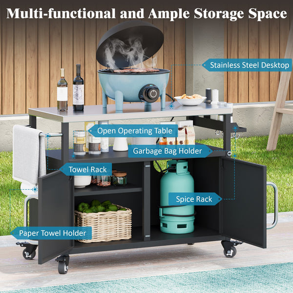 English Elm K&K 54.5" Outdoor Kitchen Island with 1.6" Stainless Top, Locking Wheels, Spice Rack & Bottle Opener N707P270779B