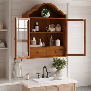 English Elm Vintage Wave-top Solid Wood Wall Cabinet Distressed Brown Finish for Kitchen or Bath W757P433279
