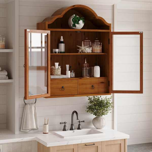 English Elm Vintage Wave-top Solid Wood Wall Cabinet Distressed Brown Finish for Kitchen or Bath W757P433279
