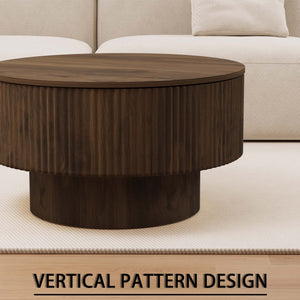 English Elm 29.53 Inch Round Mdf Coffee Table Sculptural Grooved Silhouette with Hidden Storage W2189P320663