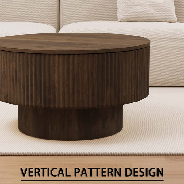 English Elm 29.53 Inch Round Mdf Coffee Table Sculptural Grooved Silhouette with Hidden Storage W2189P320663