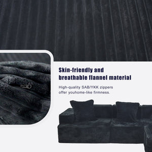 English Elm Compression Sectional Couch Plush Corduroy Chaise L-Shape Sleeper, Deep Seat Modular Sofa Black W3341P346292