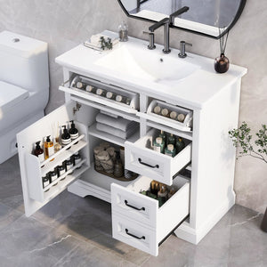 English Elm Christopher Knight Home® - 36" Bathroom Vanity with Ceramic Sink, Soft-Close Doors, 4 Drawers & Ample Storage, Freestanding White N759P223021K