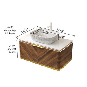 English Elm Dipa 36" Floating Bathroom Vanity & Sink With Marble Basin, Led Light, Dark Walnut Storage Cabinet W2615S00297