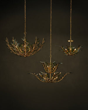 Currey & Company Babylon Chandelier - Elegant Bowl Design With Recycled Glass Leaves In Contemporary Gold Finish Green Recycled Bottle Glass ,Wrought Iron 9000-1308-currey-company