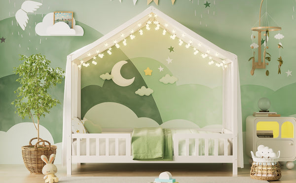 English Elm Montessori House Bed Frame Twin with Canopy & Full Guardrails, Cozy Kids Platform Bed for Toddlers White 81.5 L x 16 W x 6.6 H N733P356043K