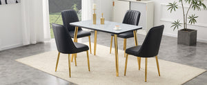English Elm Table and Chair Set Marble Glass Top Gold Legs Black Pu Seats Modern Dining W1151S04650