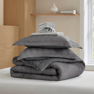 English Elm 7-piece Cal King Woven Stripe Comforter Set Neutral Polyester Bedding for Modern Bedroom Charcoal B035P463204