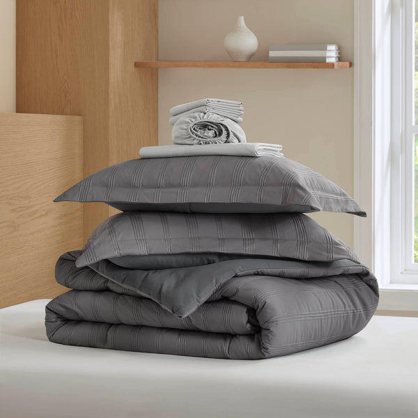 English Elm 7-piece Cal King Woven Stripe Comforter Set Neutral Polyester Bedding for Modern Bedroom Charcoal B035P463204