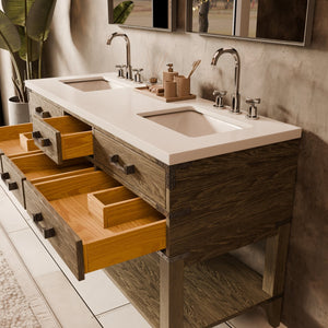 English Elm Grey Oak Double Bath Vanity - Modern 60-Inch W Storage Solution With Soft-Close Drawers & More! B2731P260263