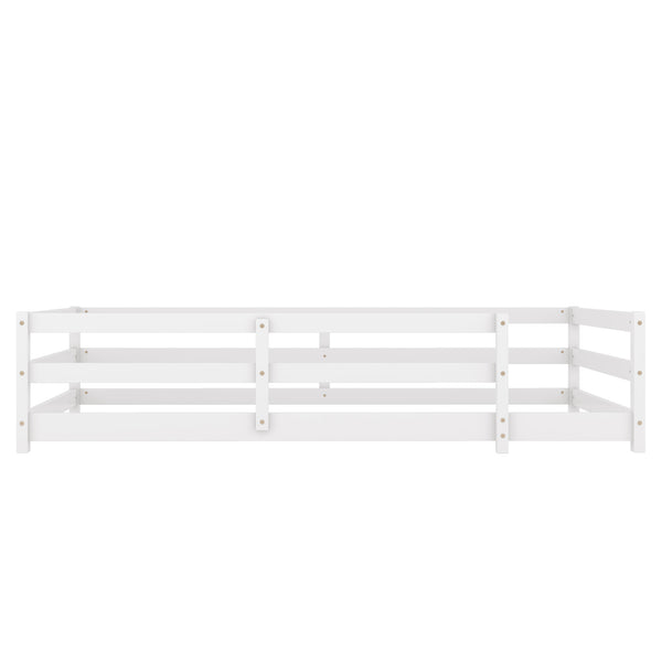 English Elm Twin Montessori Pine Floor Bed with Full Fence Rails for Kids Cozy Bedroom W1820P398987