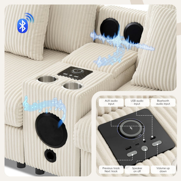 English Elm 114*64'' Corduroy Cloud Sectional with Bluetooth Speakers Usb Charging Ottoman Lounge Sofa N723S9756A