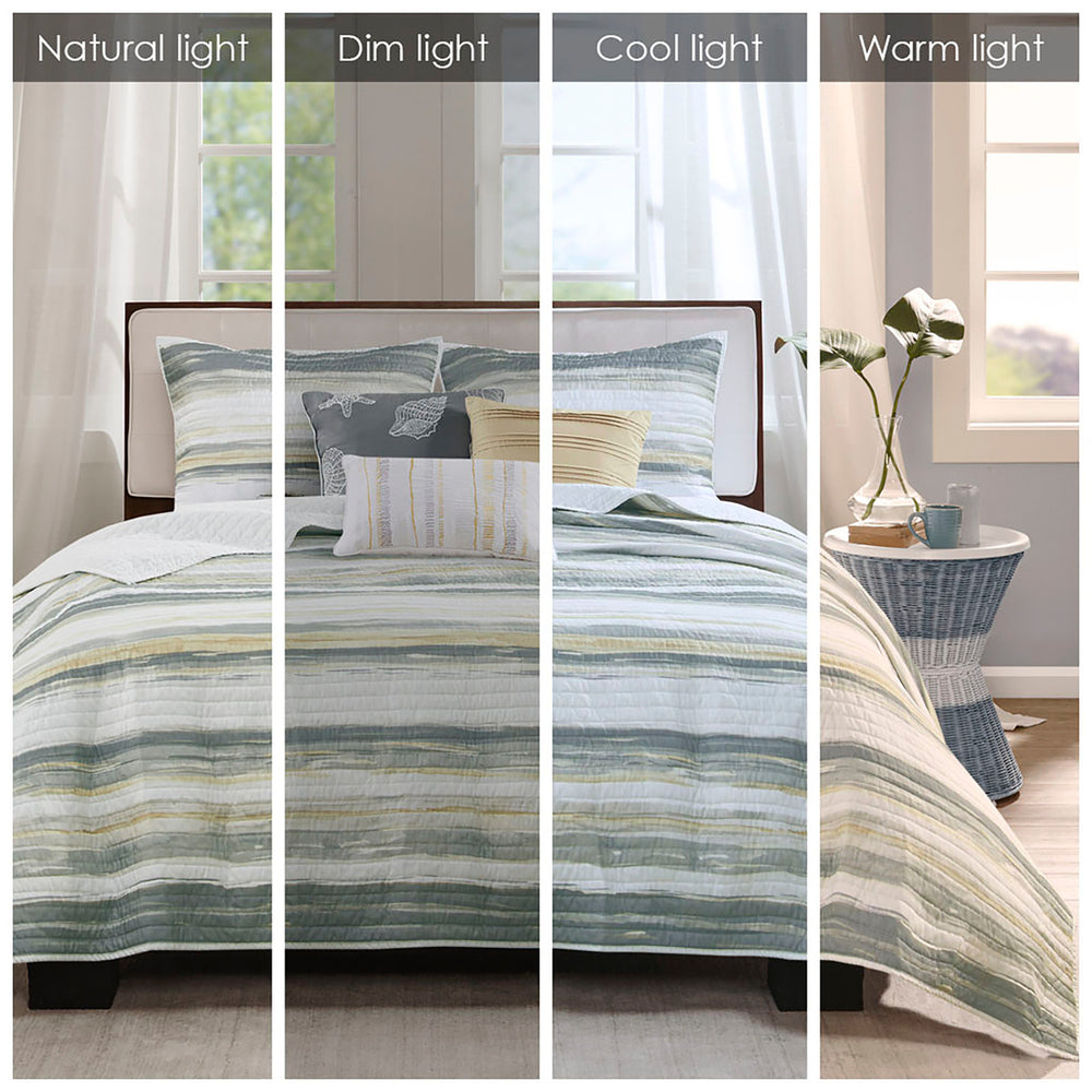 English Elm 6 Madison Park Marina Reversible Quilt Set Full/Queen with Coastal Watercolor Stripes & Embroidered Seashells Yellow 22.44 L x 17.72 W x 5.91 H B03597635