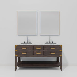 English Elm Brown Oak Double Bath Vanity Set With Carrara Marble Top, Chrome Faucet & Two Elegant Mirrors B2731S01887