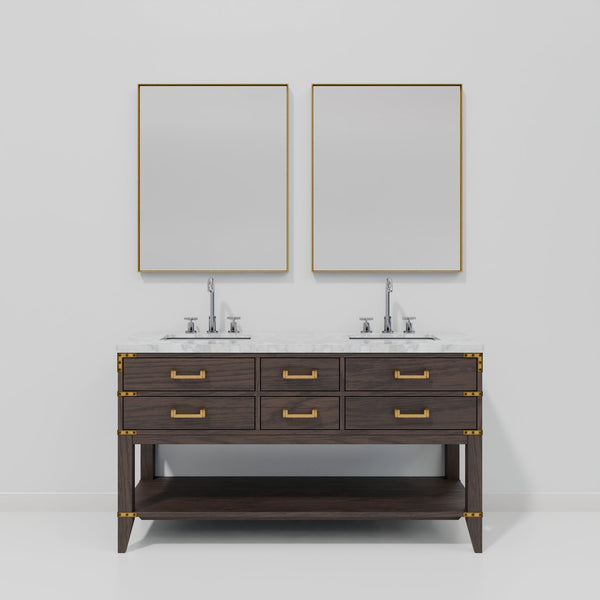 English Elm Brown Oak Double Bath Vanity Set With Carrara Marble Top, Chrome Faucet & Two Elegant Mirrors B2731S01887