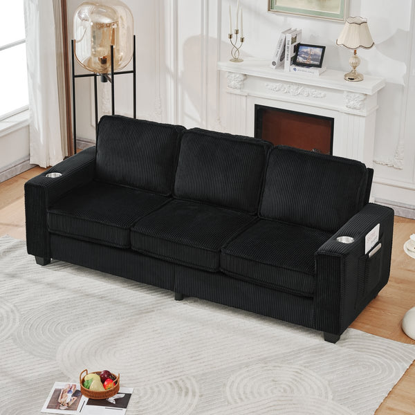 English Elm 84.25-inch Corduroy Three Seater Sofa with Cup Holders Modern Minimalist Living Room Couch Black W288P399981