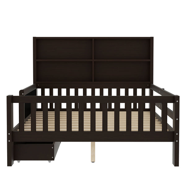 English Elm Full Solid Wood Platform Bed with Chalkboard Headboard, Storage Drawers & Shelves, Kid-Friendly White Espresso W1580P362709