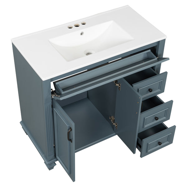 English Elm 36" Modern Bathroom Vanity with Ceramic Sink, Gold Handles, Flip-Out Drawer & Soft-Close Doors Blue Gray N725P283623C