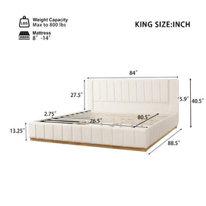 English Elm Modern, Beige Upholstered King Platform Bed Quilted Fabric Headboard Rubberwood Frame N769K360701A
