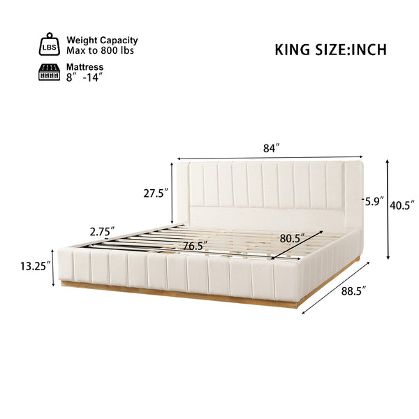 English Elm Modern, Beige Upholstered King Platform Bed Quilted Fabric Headboard Rubberwood Frame N769K360701A