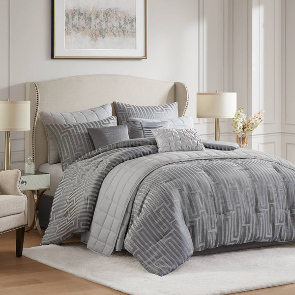 English Elm 10 Luxury Jacquard Queen Comforter Set with Quilt, Bed Skirt & Decorative Pillows for Elegant Bedding Grey 23.62 L x 18.9 W x 14.57 H B035P319213