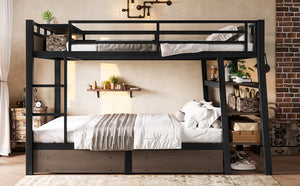English Elm Full Size Metal Loft Bed with Stair Storage Shelves Bookshelf for Dorms Bedroom W1580S00347