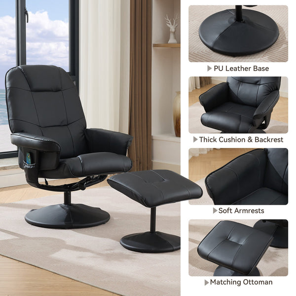English Elm 011-Massage Recliner Chair with Ottoman, 360° Swivel PU Leather, 5-Point Vibration Massage, Heated Seat, 140° Backrest Comfort Black W2636P262429