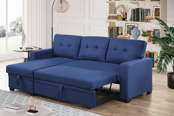 English Elm Convertible Upholstered Sectional Sofa with Pull-out Chaise Sleeper and Storage Blue B2730S00006