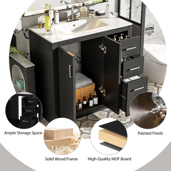English Elm 36'' Bathroom Vanity with Ceramic Sink Combo Solid Wood Frame Soft-Closing Drawers Ample Storage Elegance Black N710P243327B