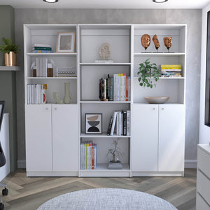 English Elm Hialeah 3 Piece Home Bookcase Set — 74" Wide, 10 Shelves & Double-Door Cabinet for Stylish Storage White 41 L x 28 W x 5 H B200S00349
