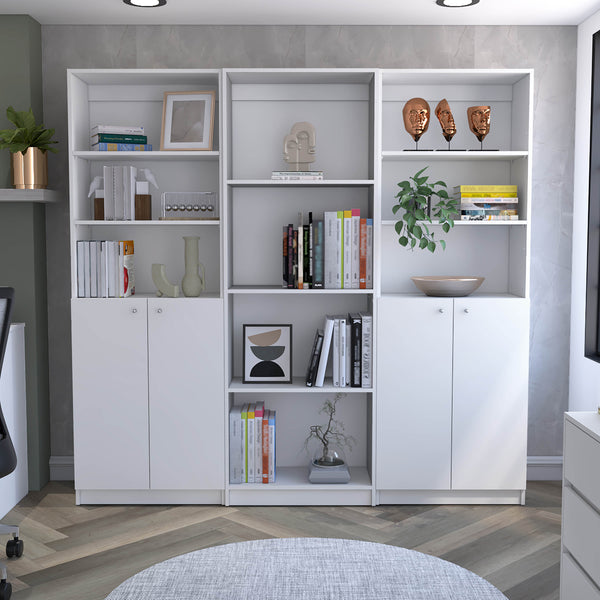 English Elm Hialeah 3 Piece Home Bookcase Set — 74" Wide, 10 Shelves & Double-Door Cabinet for Stylish Storage White 41 L x 28 W x 5 H B200S00349