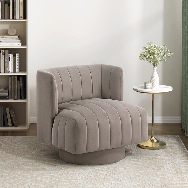 English Elm Modern Swivel Chair Channel-Tufted Barrel Back Upholstered Accent Seat with 360° Metal Base, Cozy Contemporary Comfort taupe 37.5 L x 28.5 W x 14.5 H B011P379436