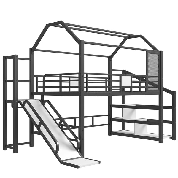 English Elm Full Full House Loft bed with Slide and Stairs, Metal House Play Loft with Storage Shelves and Quiet Design Black W1580S00350