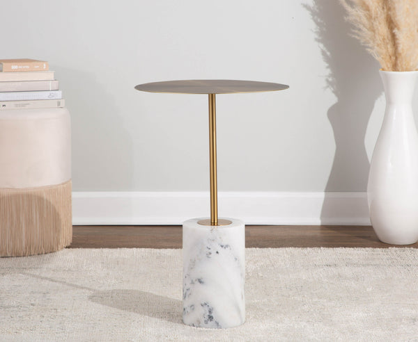 English Elm Symbol Round Gold Metal Top Side Table with Genuine Marble Base for Living Room B202P223402
