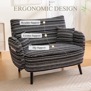 English Elm Modern tufted two-seater sofa with boucle upholstery, tapered legs, storage pockets, cozy compact design Black W395P376591