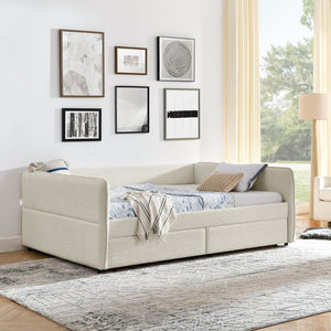 English Elm Daybed With Trundle And Storage Drawers, Upholstered In Beige Boucle, Queen Size For Stylish Comfort W1413S00074