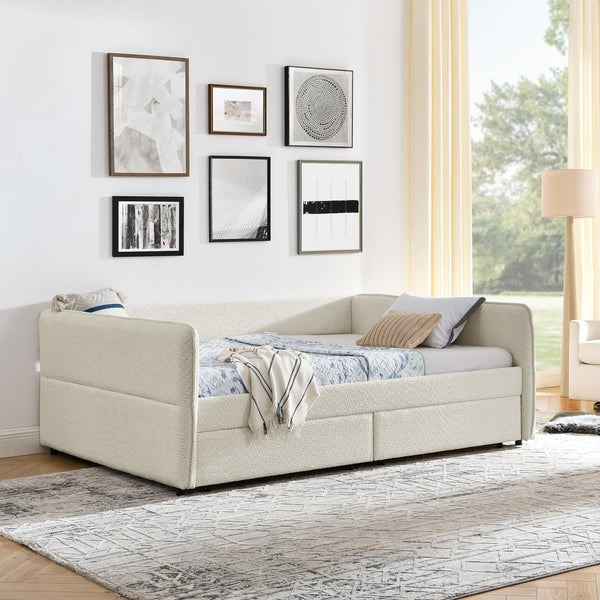 English Elm Daybed With Trundle And Storage Drawers, Upholstered In Beige Boucle, Queen Size For Stylish Comfort W1413S00074