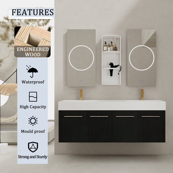 English Elm 60 Inch Wall-Mounted Bathroom Vanity With Double Resin Sink & Stylish Storage Rack, Easy Assembly W999S00372