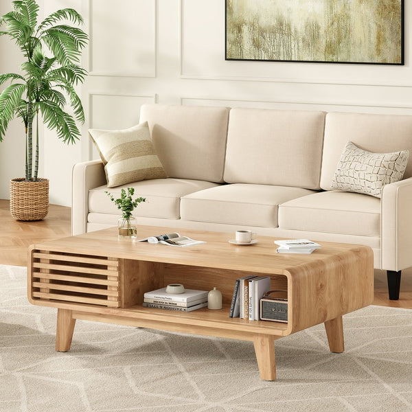 English Elm Coffee Table with Four Open Compartments Solid Wood Legs Mid Century Farmhouse Style Natural T3623P431252